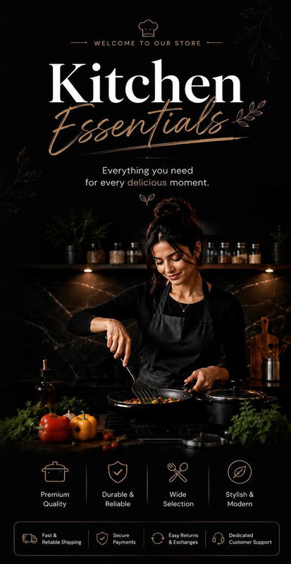 A woman in a black apron cooking vegetables in a pan in a modern dark kitchen.
